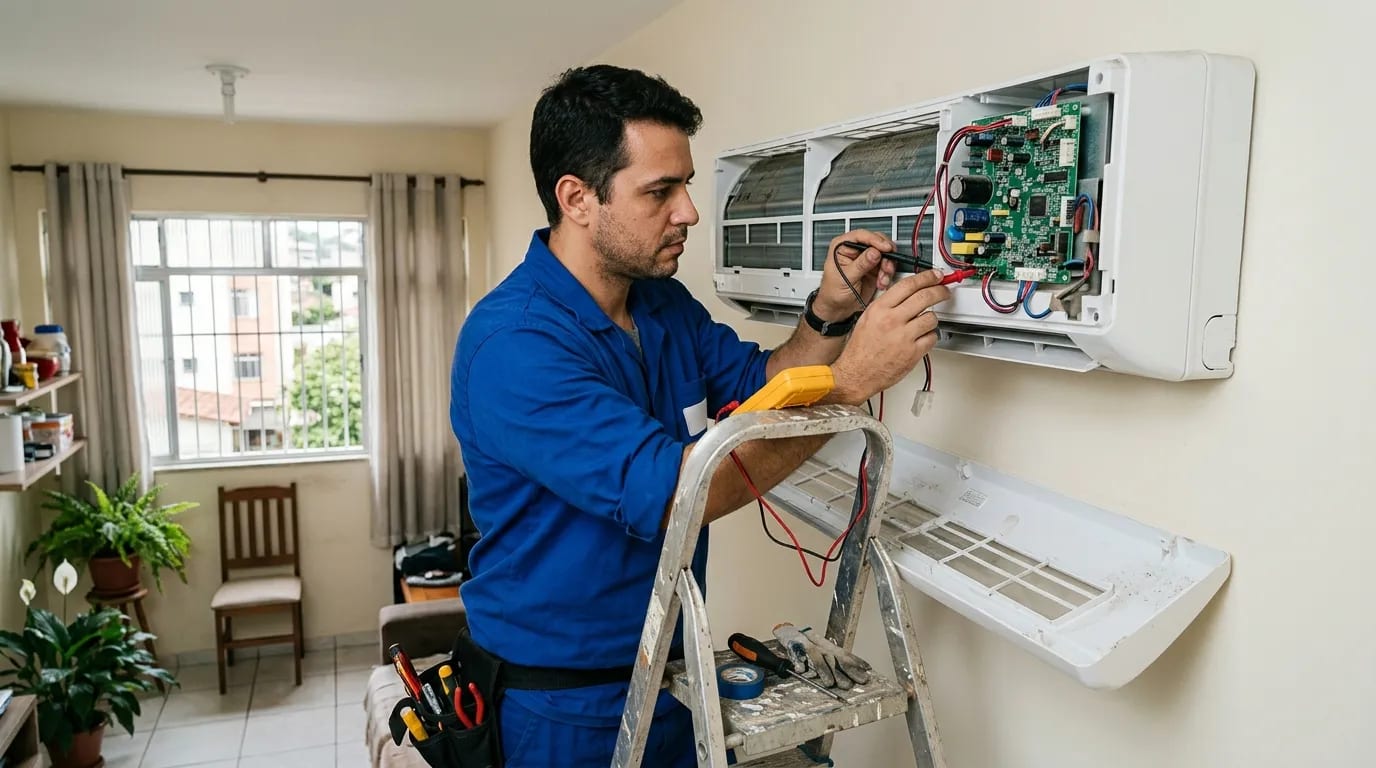 Eletricista ligando a placa do ar-condicionado split em Gravataí‑RS